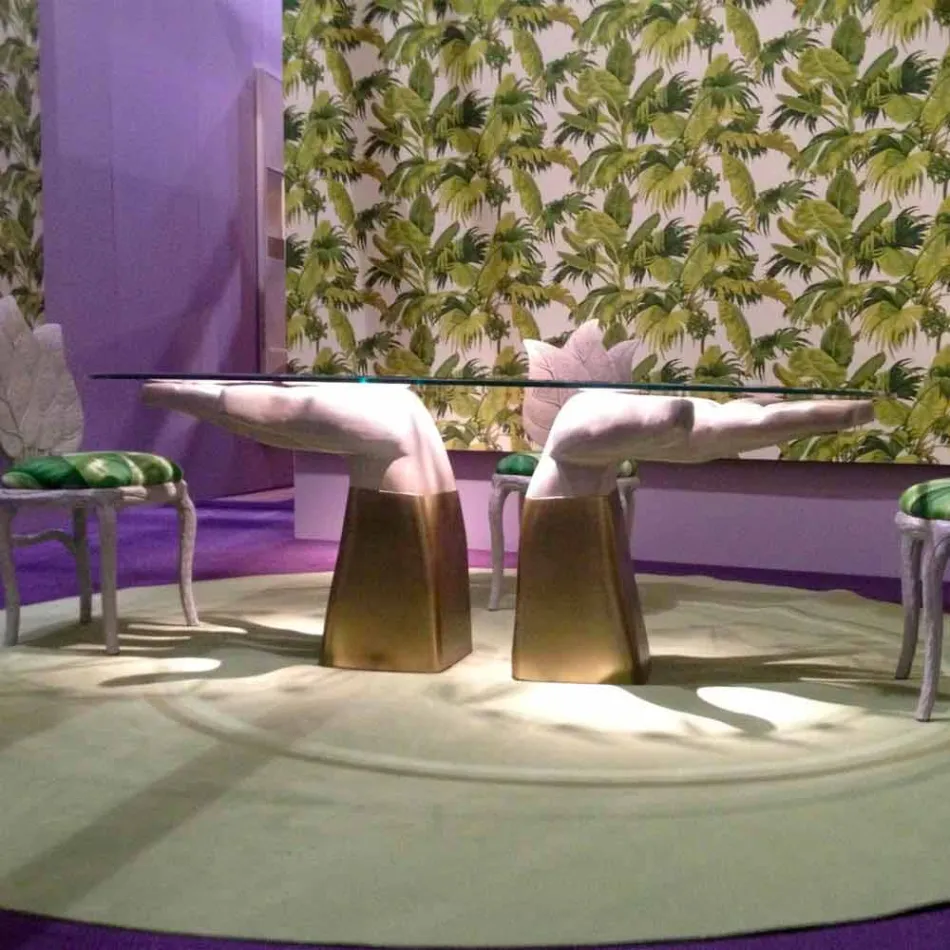 Mesa de comedor de madera con tapa de cristal, hecha en Italia, Bartolo viadurini