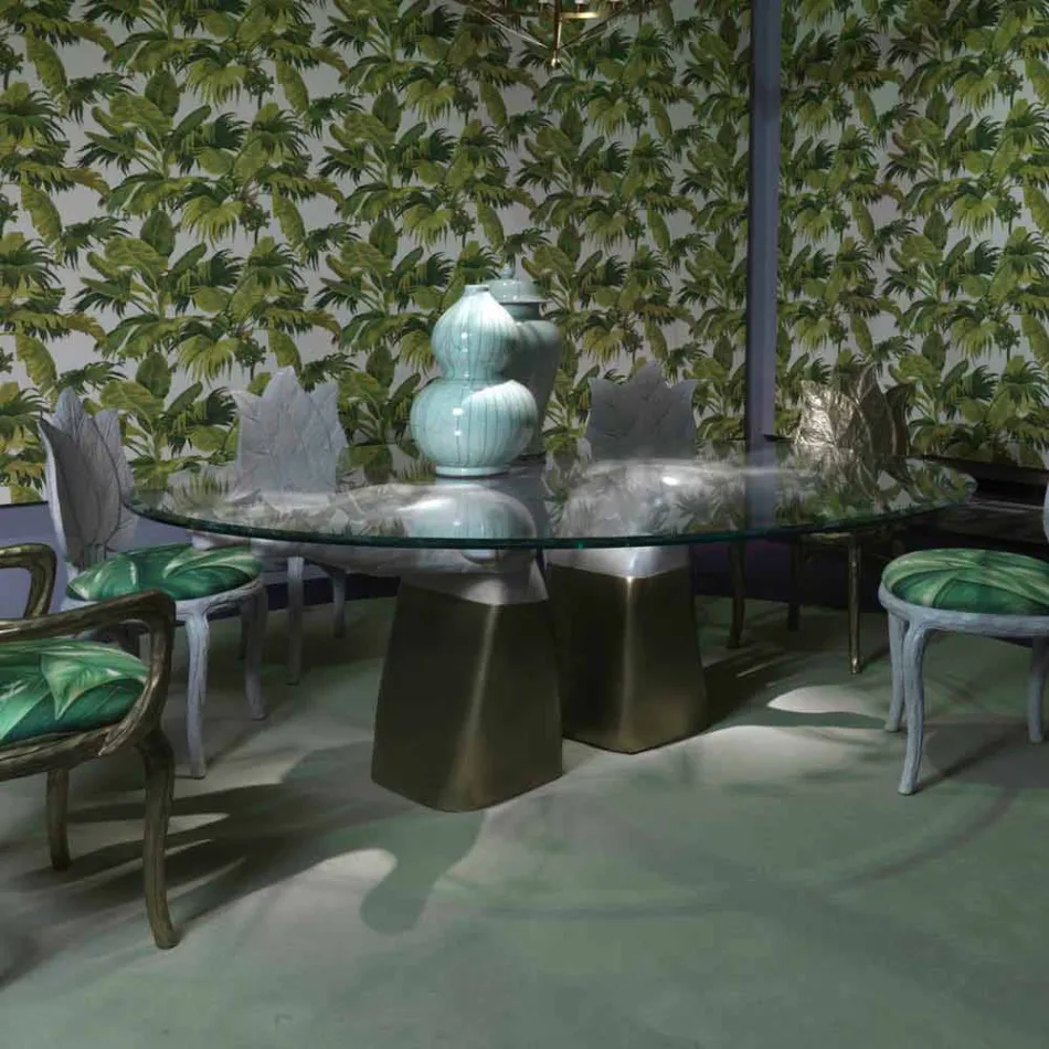 Mesa de comedor de madera con tapa de cristal, hecha en Italia, Bartolo viadurini