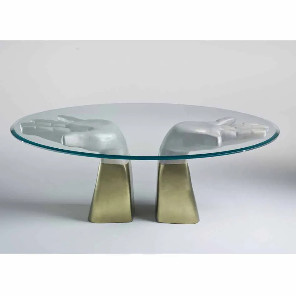 Mesa de comedor de madera con tapa de cristal, hecha en Italia, Bartolo viadurini