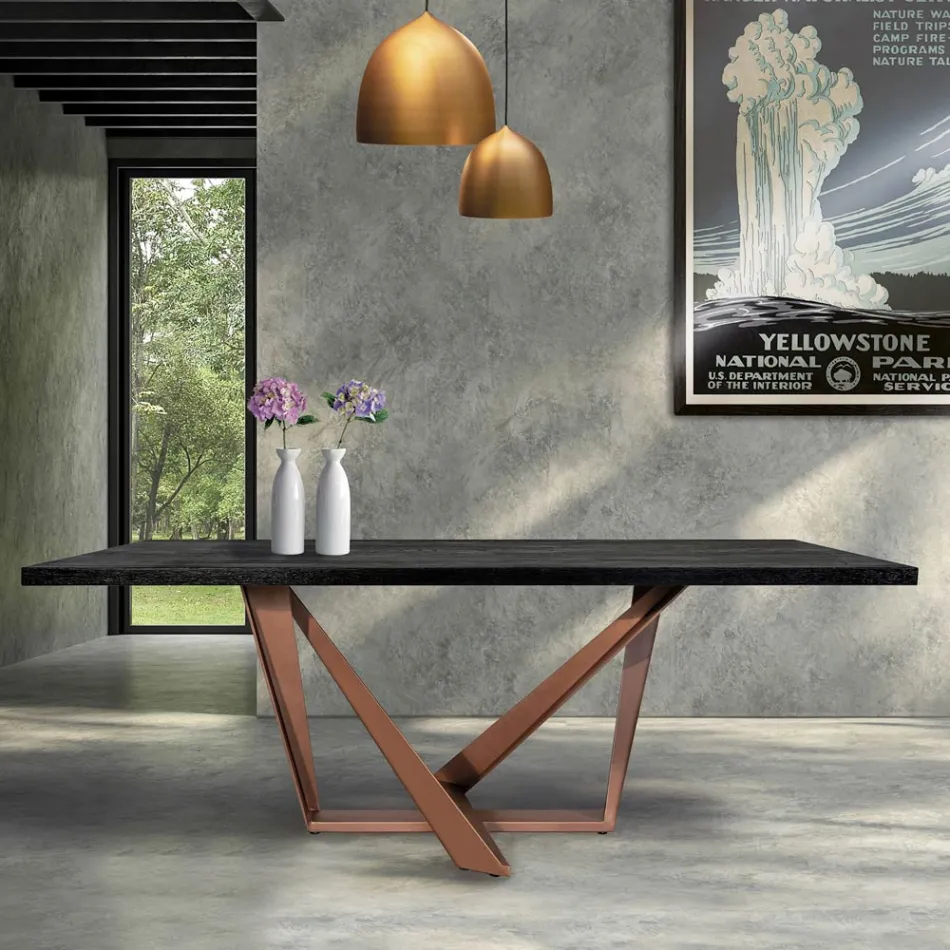 Mesa de Comedor en Madera de Roble y Metal Color Cobre Nuvolato Made in Italy - Patty viadurini