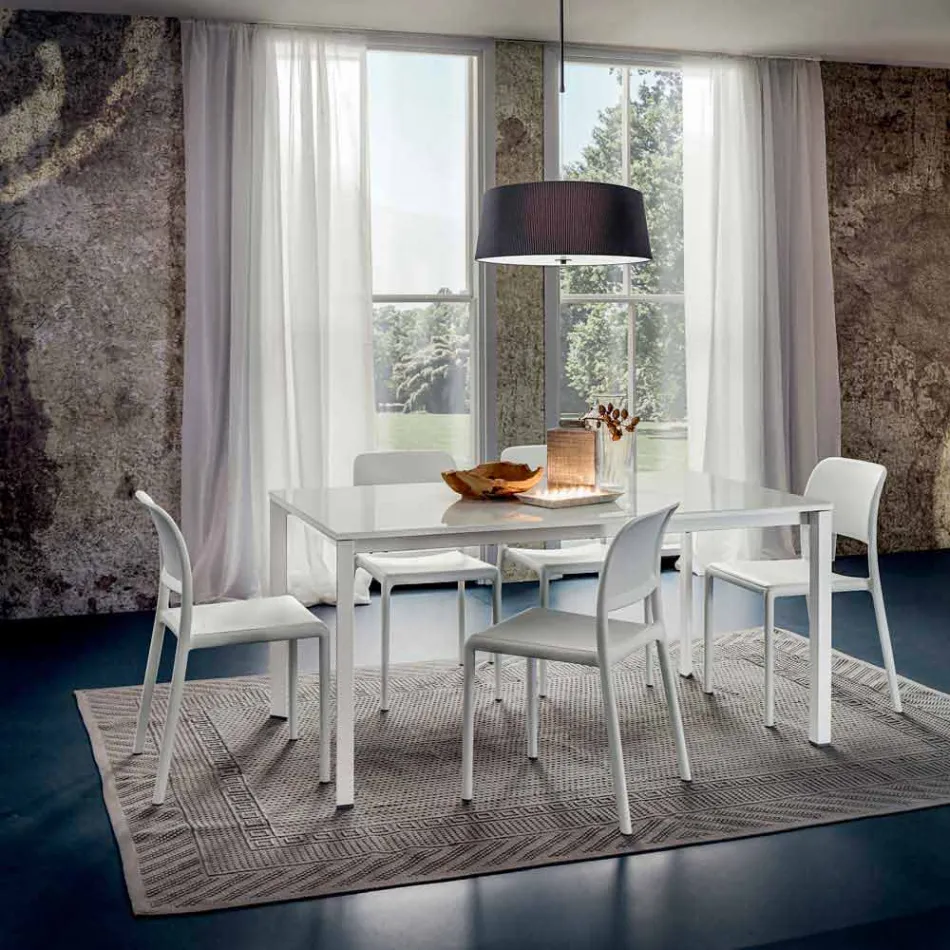 Mesa de comedor en vidrio blanco y metal pintado Made in Italy - Broche viadurini