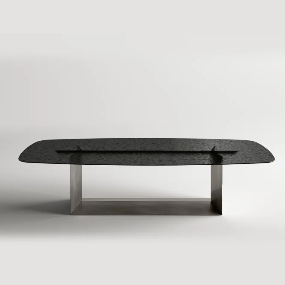 Mesa de comedor de diseño Made in Italy en vidrio fusionado en bronce o ahumado - Moro viadurini