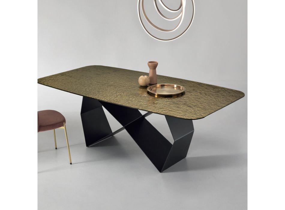 Mesa de comedor en vidrio martillado y metal negro Made in Italy - Mirco viadurini