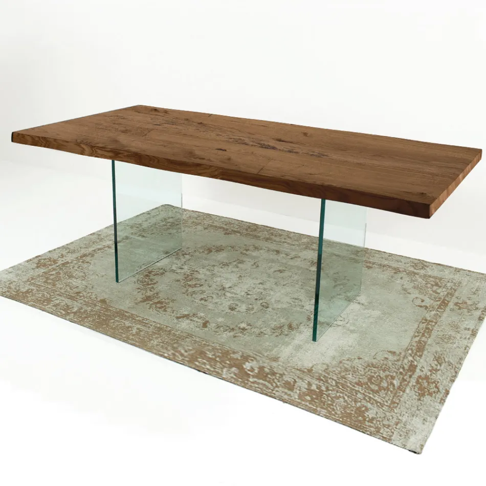 Mesa de comedor moderna en madera chapada y vidrio Made in Italy - Strappo viadurini