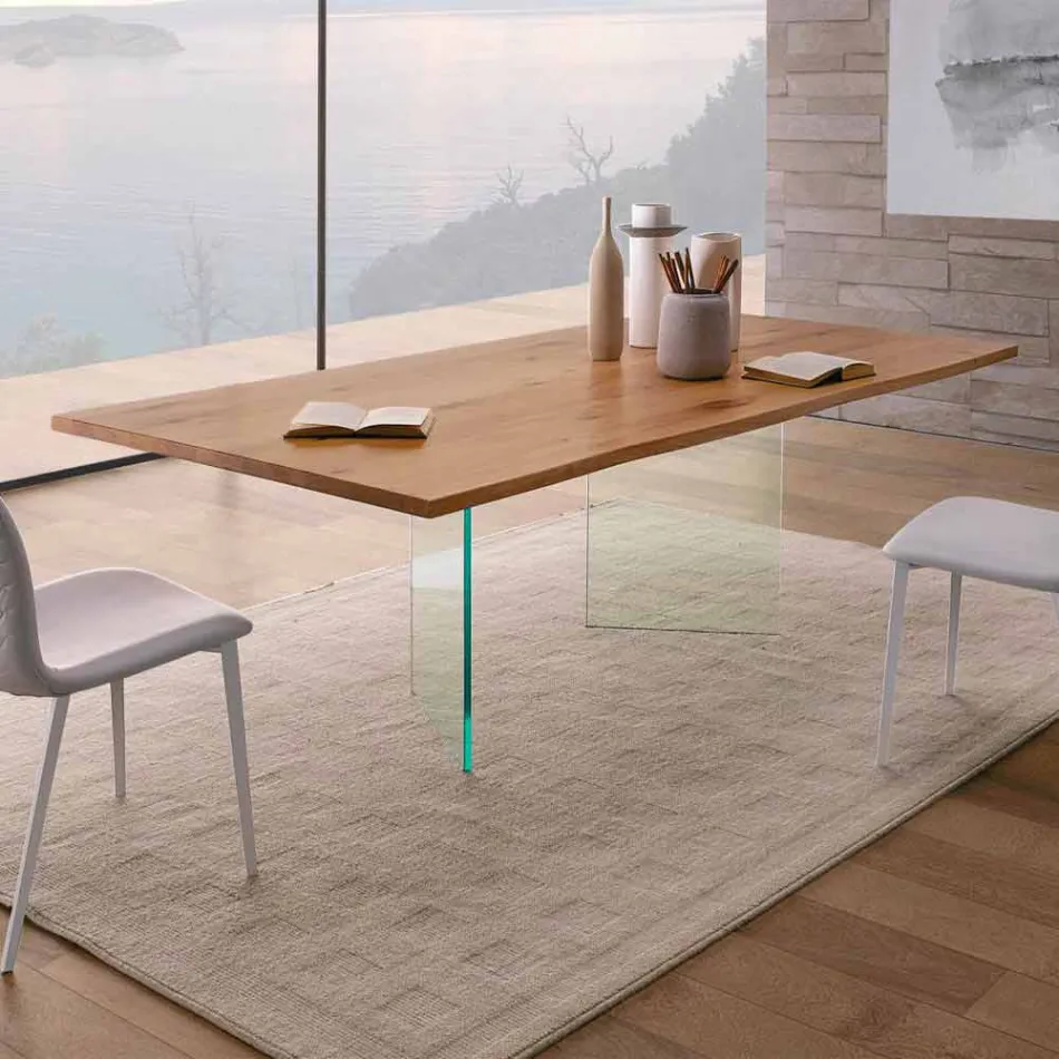 Mesa de comedor moderna en roble anudado y vidrio Made in Italy - Sibillo viadurini