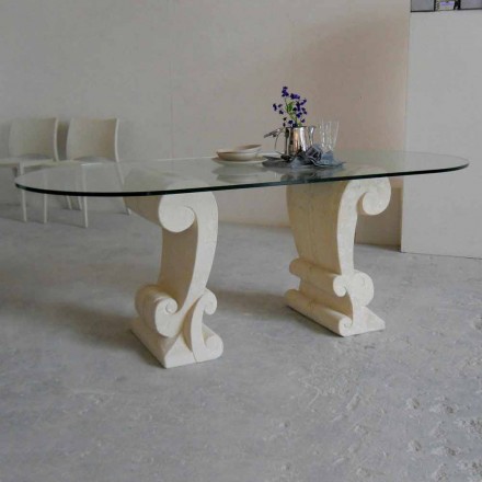 mesa de comedor ovalada de piedra y cristal de diseño clásico Aracne viadurini