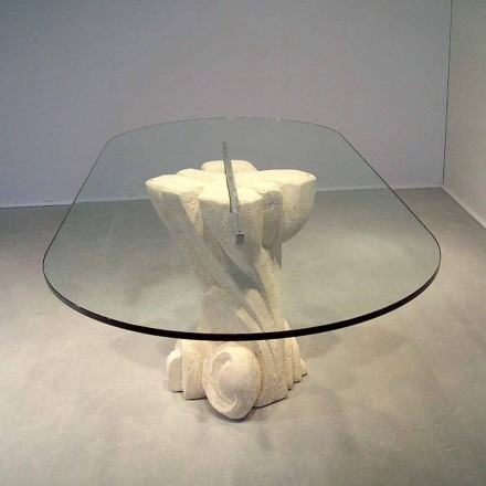 mesa de comedor ovalada en piedra y vidrio moderno diseño Afrodita viadurini