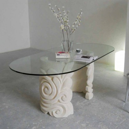 mesa de comedor ovalada en piedra y cristal de diseño moderno Aden viadurini