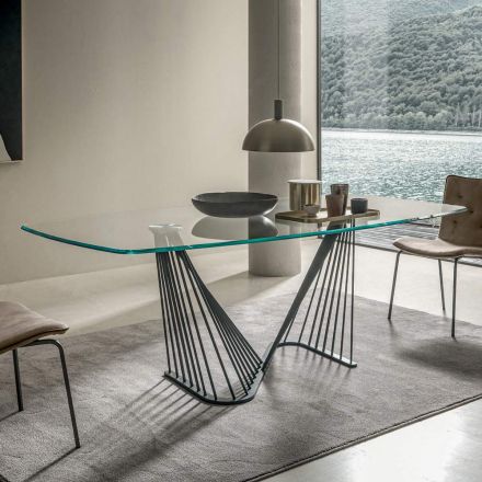Mesa de comedor con tapa de cristal y base de cuerdas de metal 2 tamaños - Alariko viadurini