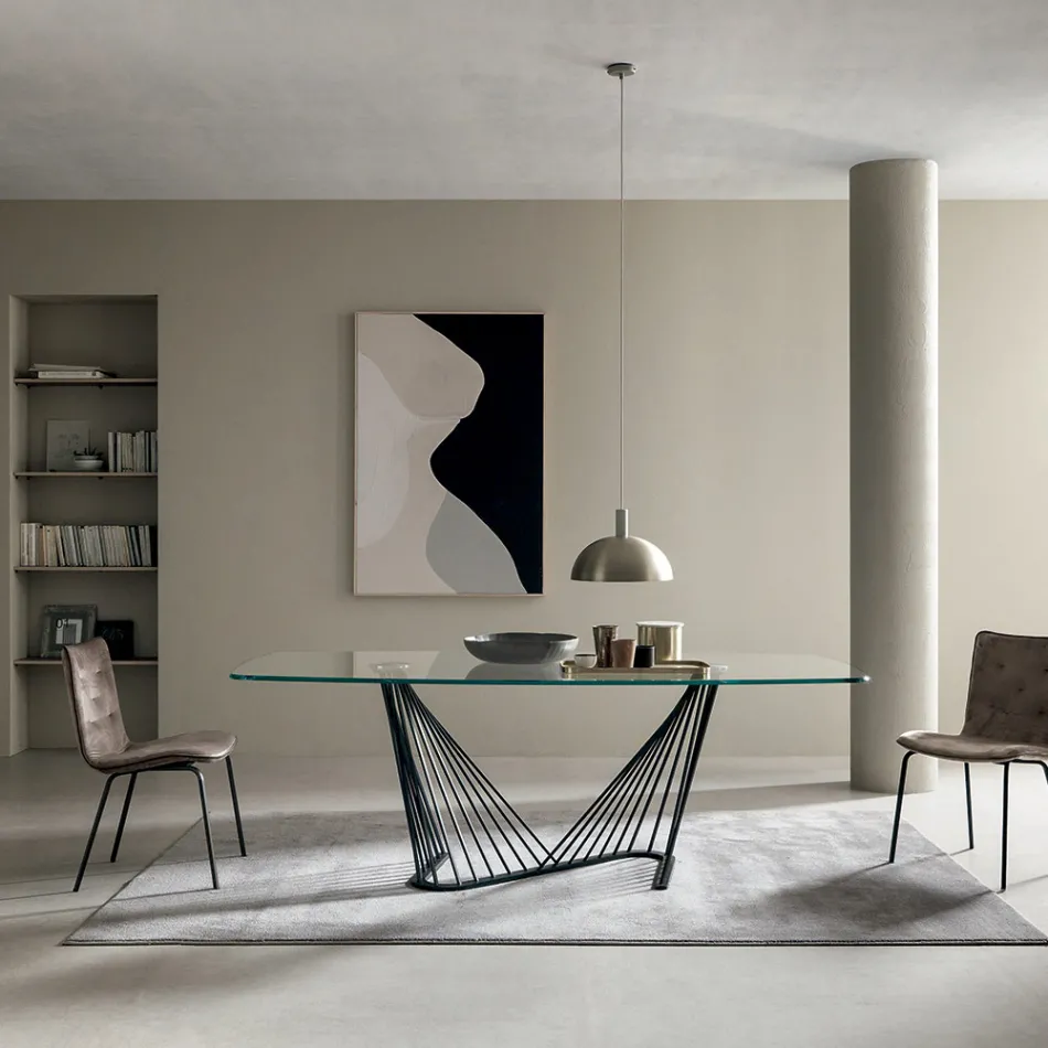 Mesa de comedor con tapa de cristal y base de cuerdas de metal 2 tamaños - Alariko viadurini