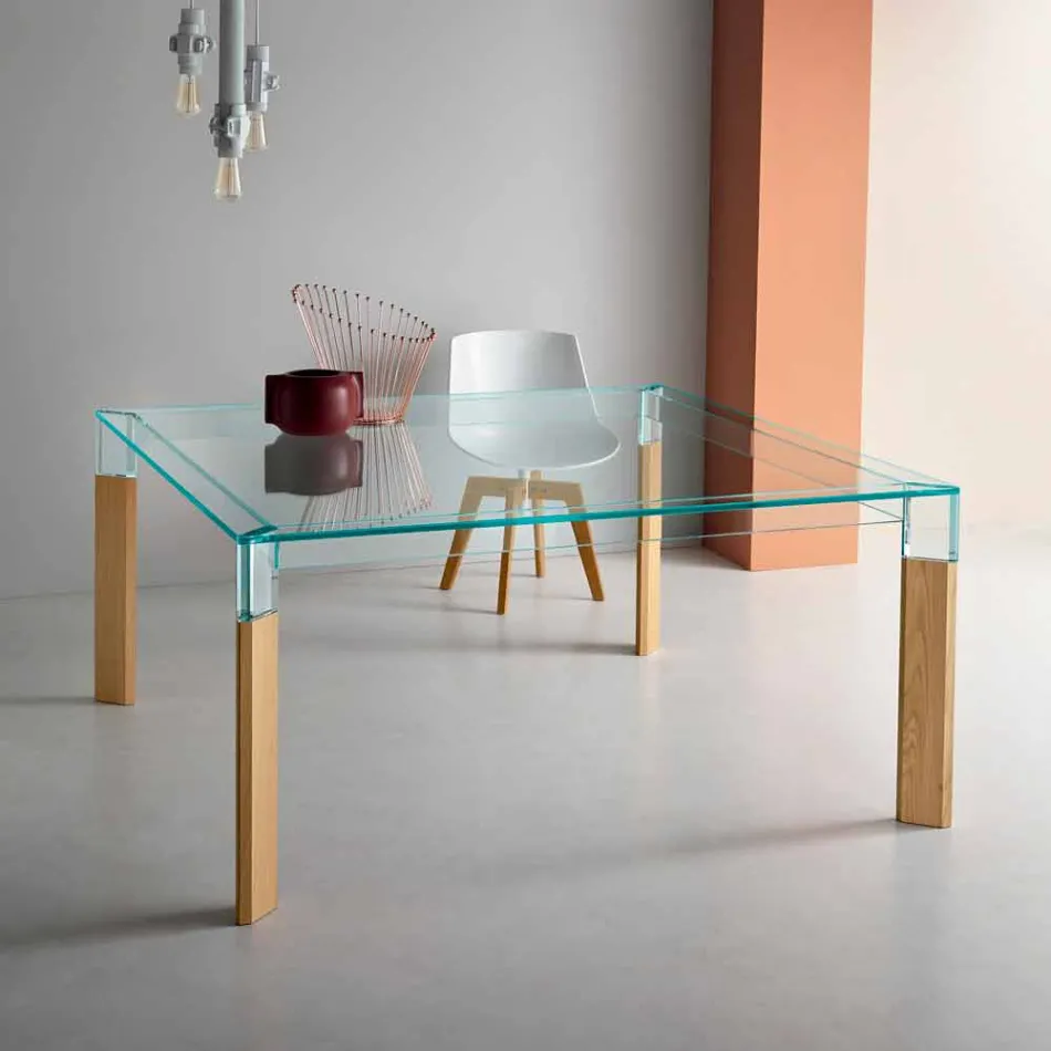 Mesa de comedor de vidrio y base de madera maciza Made in Italy - Presino viadurini