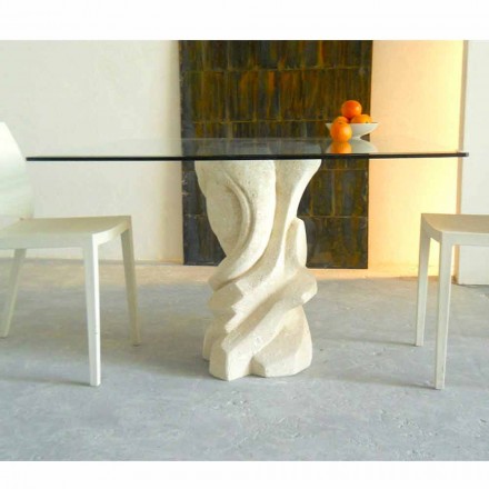 mesa de comedor cuadrada en piedra con tapa de cristal Leda viadurini