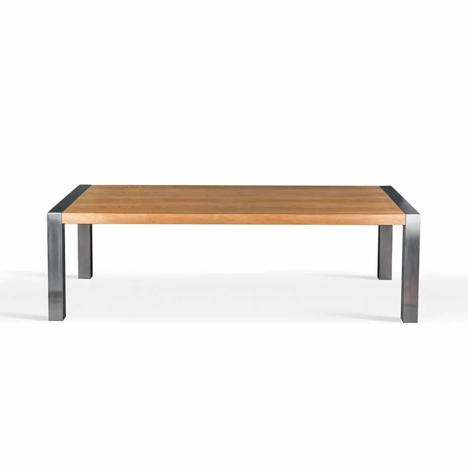 mesa de comedor rectangular en estafas de roble y acero inoxidable viadurini