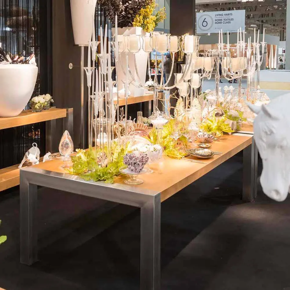 mesa de comedor rectangular en estafas de roble y acero inoxidable viadurini