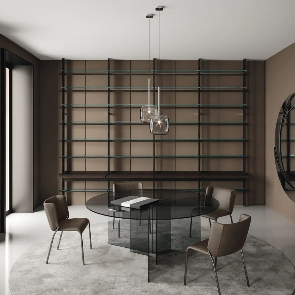 Mesa de comedor redonda con base y tapa de vidrio Made in Italy - Charles viadurini