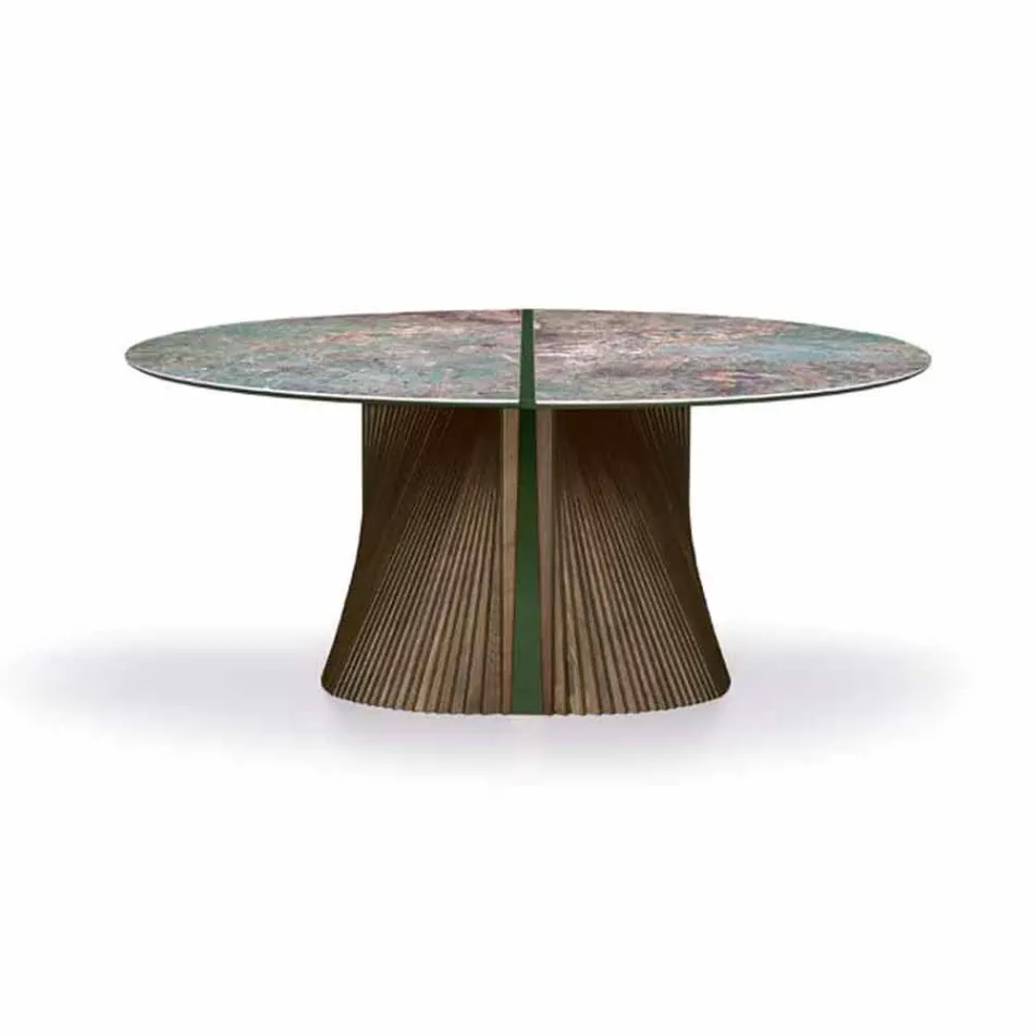 Mesa de comedor redonda de diseño en gres pulido y madera Made in Italy - Madame viadurini