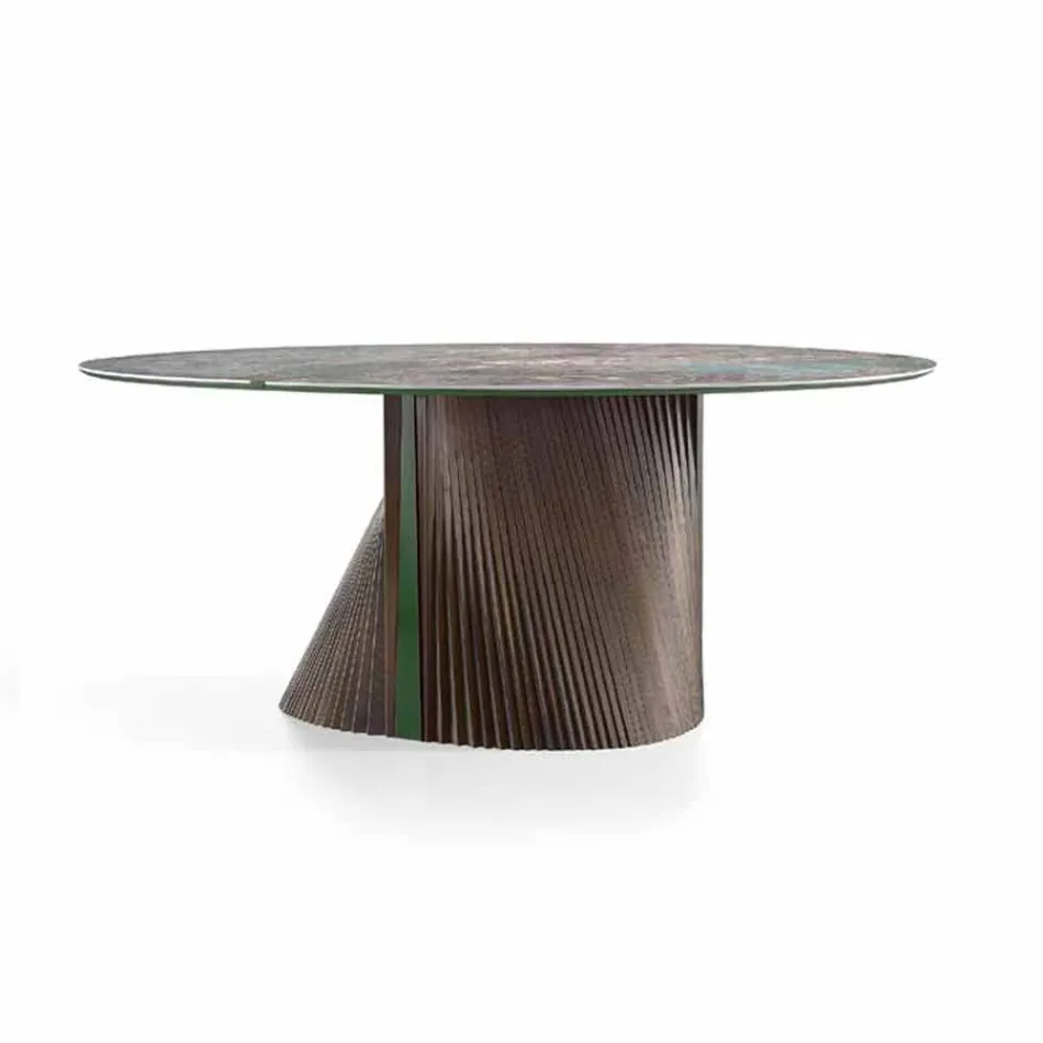 Mesa de comedor redonda de diseño en gres pulido y madera Made in Italy - Madame viadurini
