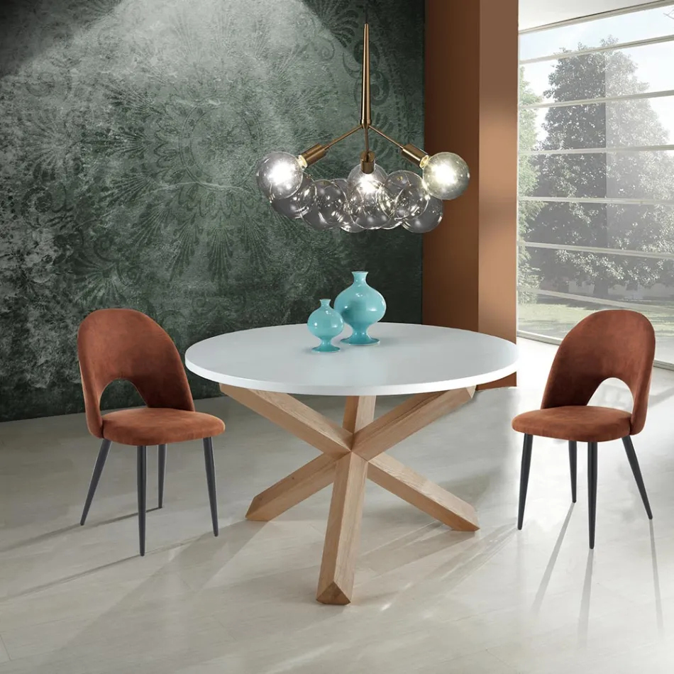 Mesa de comedor redonda en MDF blanco mate y madera maciza - Dante viadurini