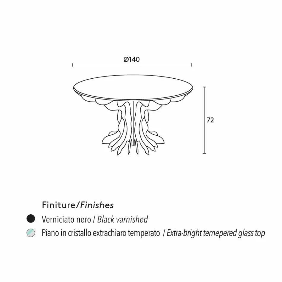 Cassia mesa redonda de comedor, piano de madera de color negro y tapa de cristal viadurini