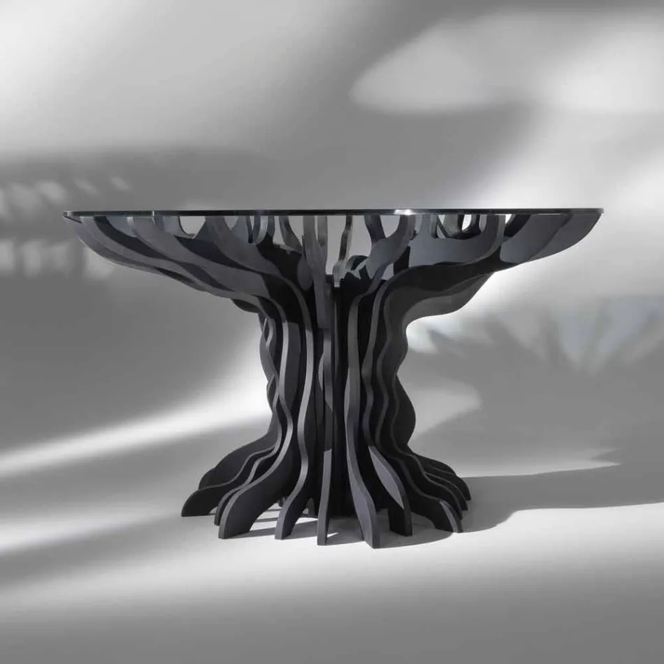 Cassia mesa redonda de comedor, piano de madera de color negro y tapa de cristal viadurini