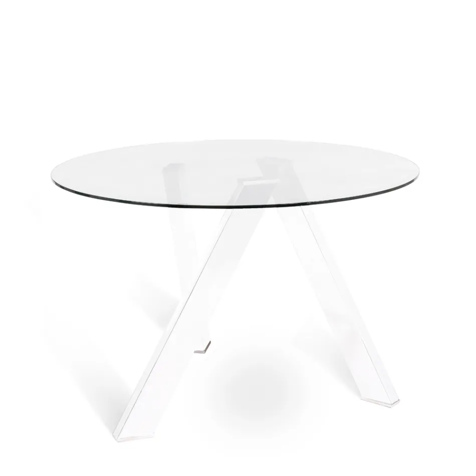 Mesa de comedor redonda Adamo con tablero de cristal, diseño moderno. viadurini