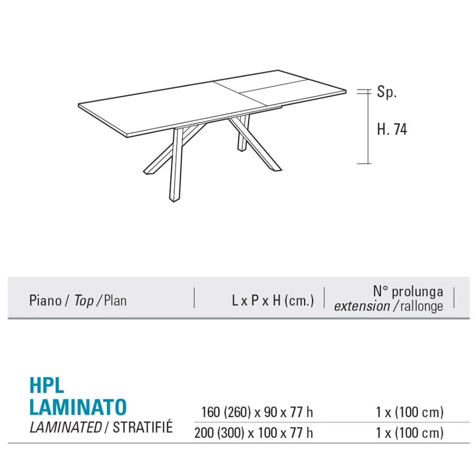 Mesa de salón extensible de 260 o 300 cm en metal y HPL - Borgo viadurini
