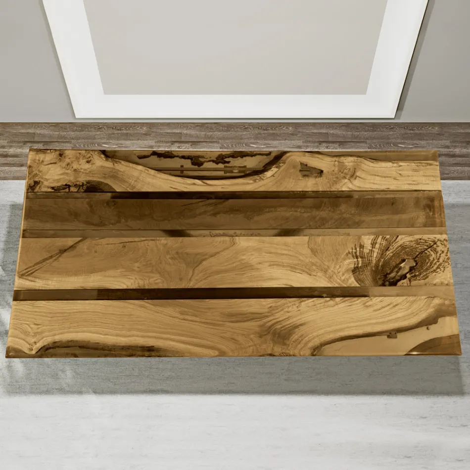 Mesa de salón con tapa de roble y resina epoxi coloreada - Miklas viadurini
