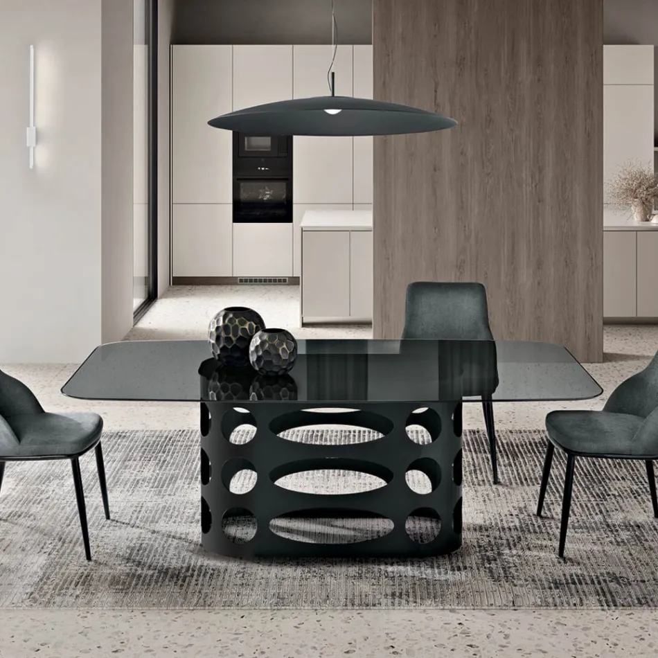 Mesa fija de 210x110 cm con tablero de cristal ahumado liso, fabricada en Italia - Tano viadurini