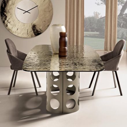 Mesa fija de 210x110 cm con tablero de cristal martillado, fabricada en Italia - Tano viadurini