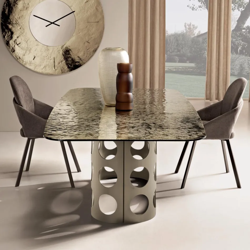 Mesa fija de 210x110 cm con tablero de cristal martillado, fabricada en Italia - Tano viadurini