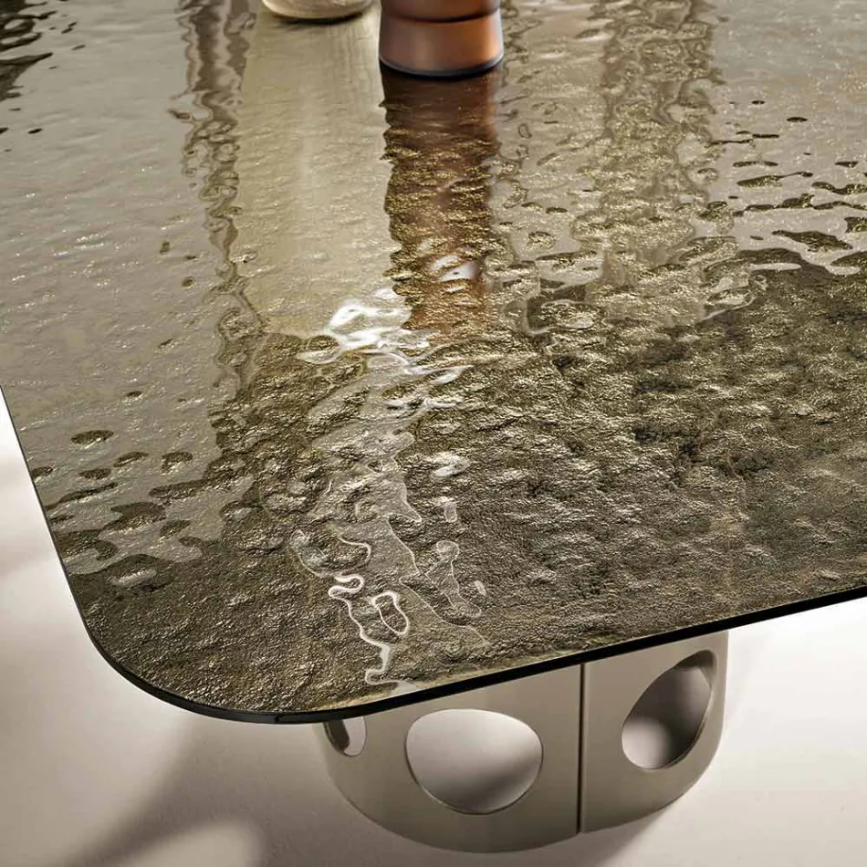 Mesa fija de 210x110 cm con tablero de cristal martillado, fabricada en Italia - Tano viadurini