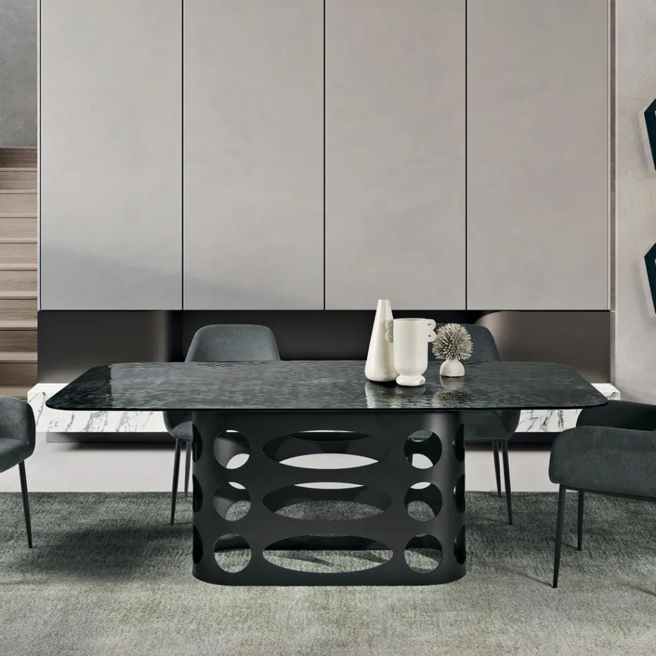 Mesa fija de 210x110 cm con tablero de cristal martillado, fabricada en Italia - Tano viadurini