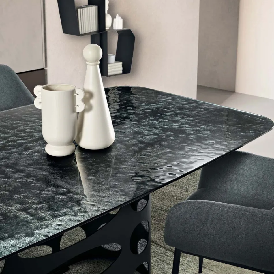 Mesa fija de 210x110 cm con tablero de cristal martillado, fabricada en Italia - Tano viadurini