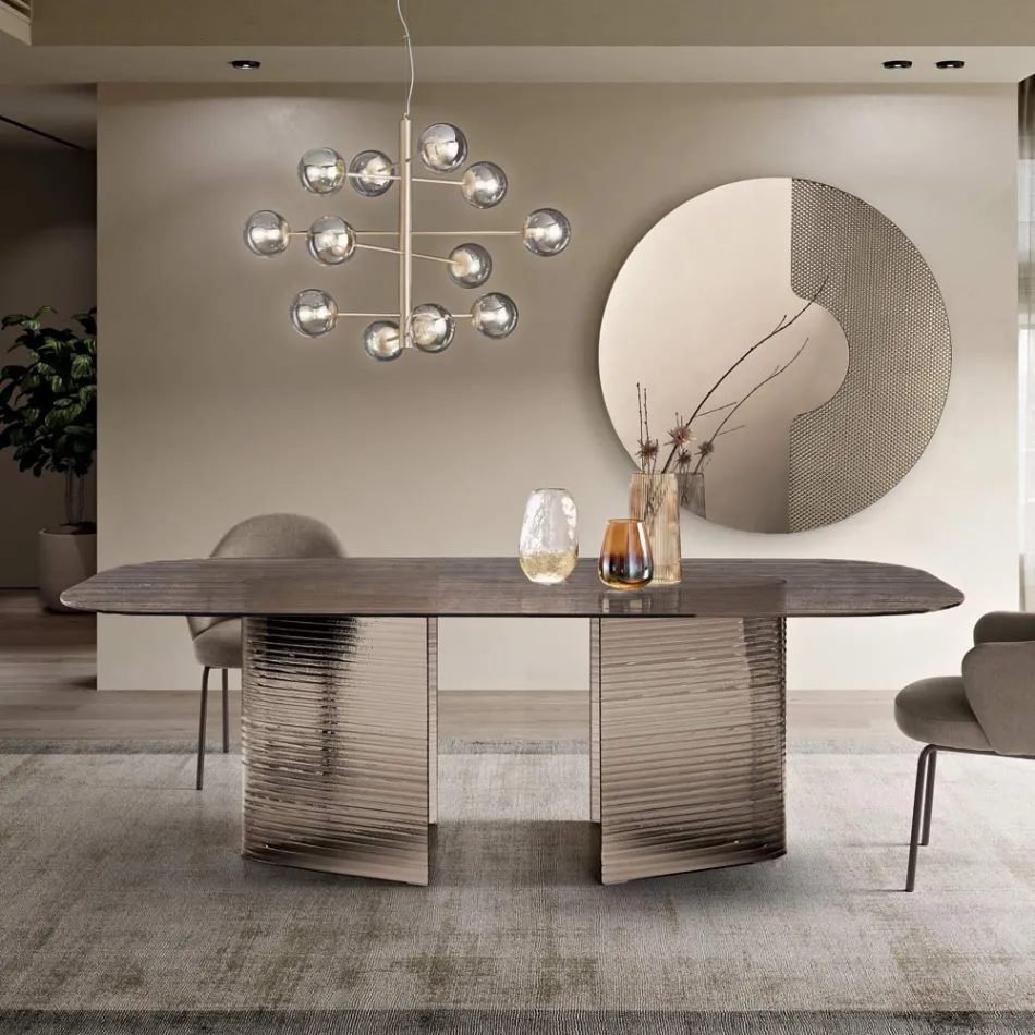 Mesa fija de 240x120 cm en cristal estriado transparente, fabricada en Italia - Varo viadurini
