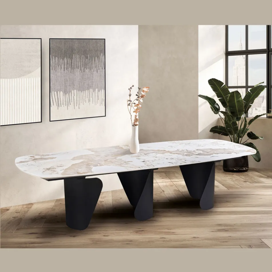 Mesa fija de 300x120 cm en metal y tablero de piedra sinterizada - Valmira viadurini