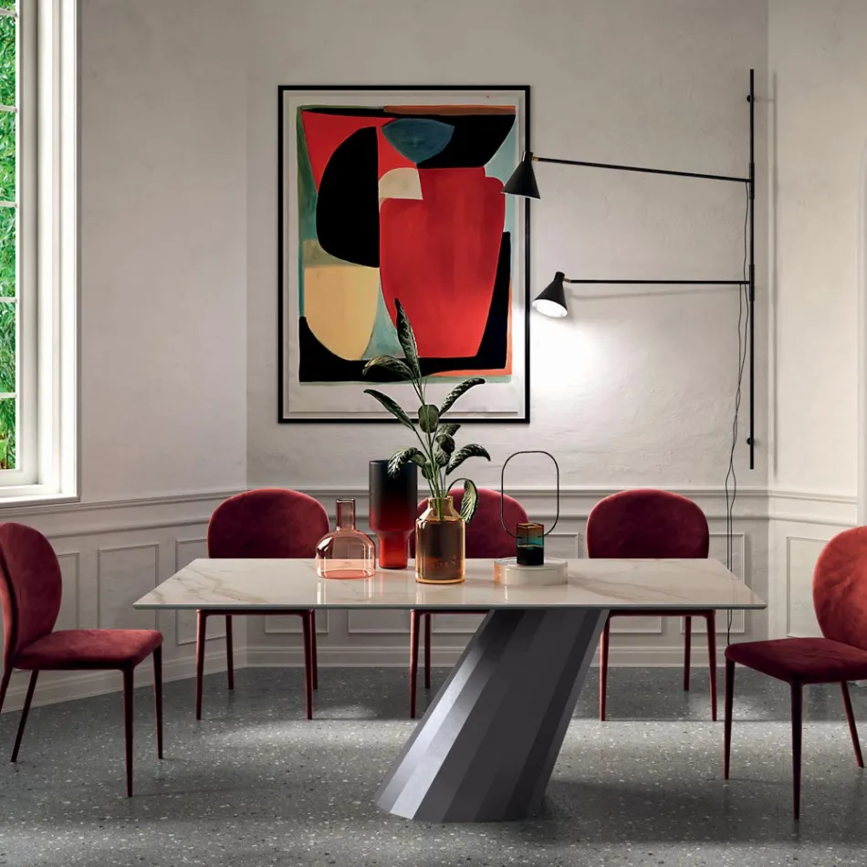 Mesa Fija con Base de Acero y Tapa de Cerámica Made in Italy - Pantalón viadurini