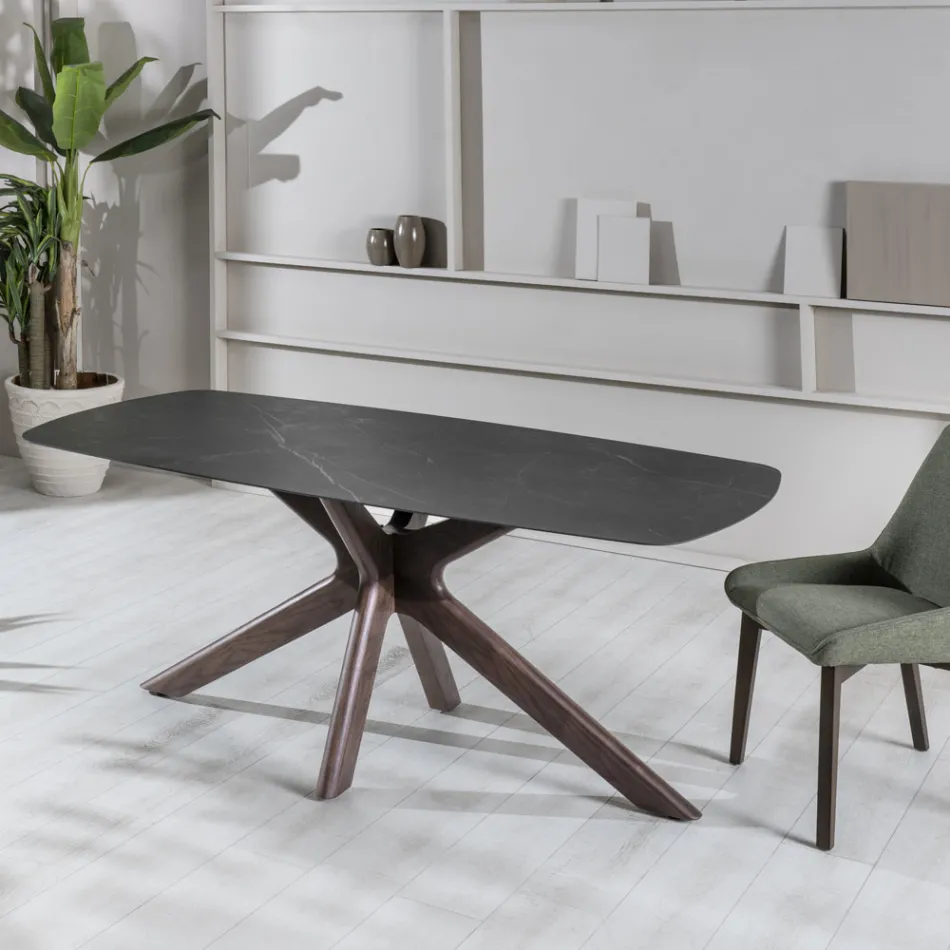 Mesa Fija con Tapa de Cerámica y Base de Madera Maciza de Nogal - Naranja viadurini