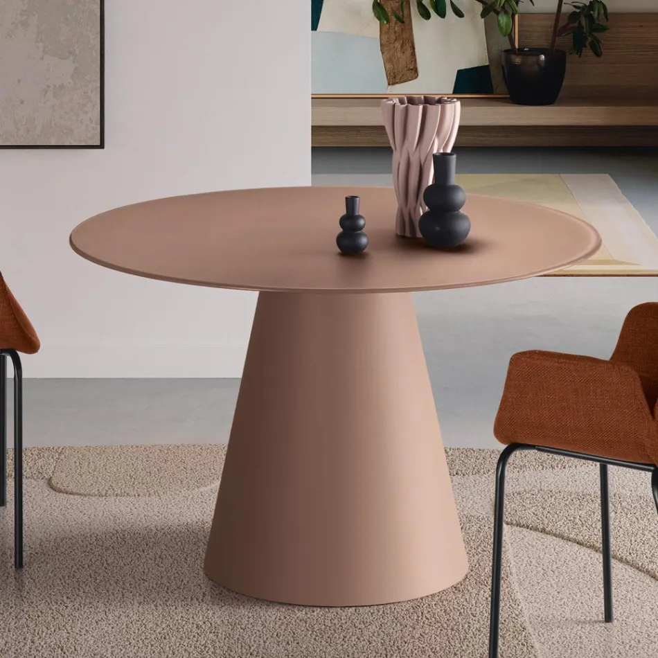 Mesa redonda fija para cuatro personas con base de MDF y cristal opaco - Lumen viadurini