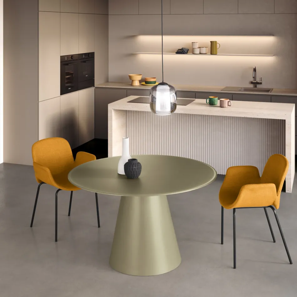 Mesa redonda fija para cuatro personas con base de MDF y cristal opaco - Lumen viadurini