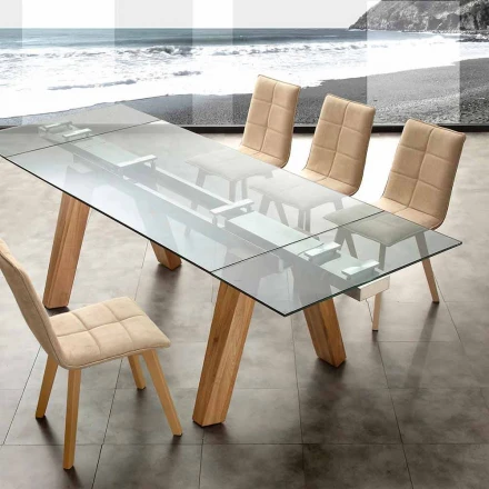 moderna mesa de comedor en vidrio y madera natural de Florida viadurini