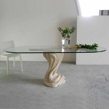 mesa de piedra ovalada con tapa de cristal Agave diseño moderno viadurini