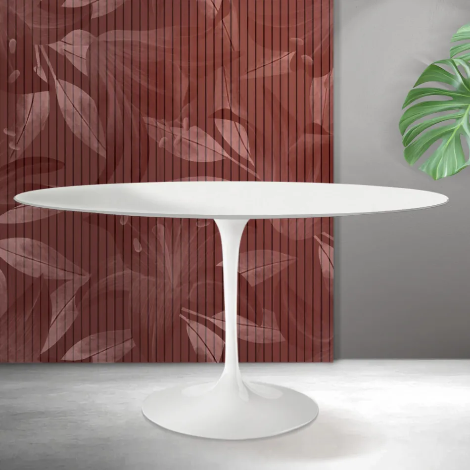 Mesa ovalada Tulip Saarinen de 74 cm de altura en cerámica Florim blanca mate - Scarlet viadurini