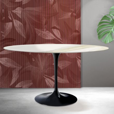 Mesa ovalada Tulip Saarinen de 74 cm de altura en cerámica mate Florim Calacatta Gold - Escarlata viadurini
