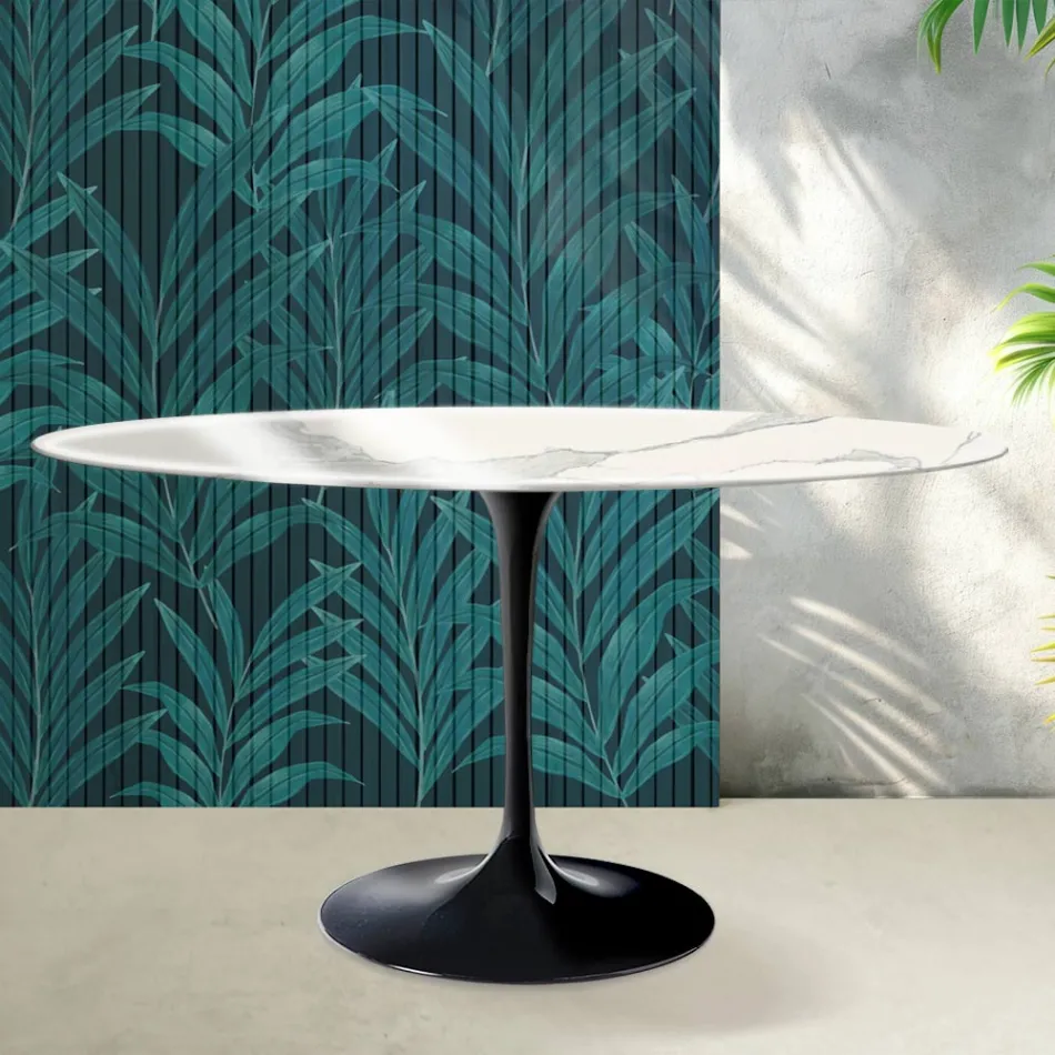 Mesa Tulip Saarinen ovalada H 74 cm de cerámica Florim Statuario Lucido - Escarlata viadurini