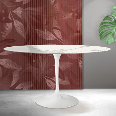Mesa ovalada Tulip Saarinen de 74 cm de altura en cerámica Florim Statuario mate - Escarlata viadurini