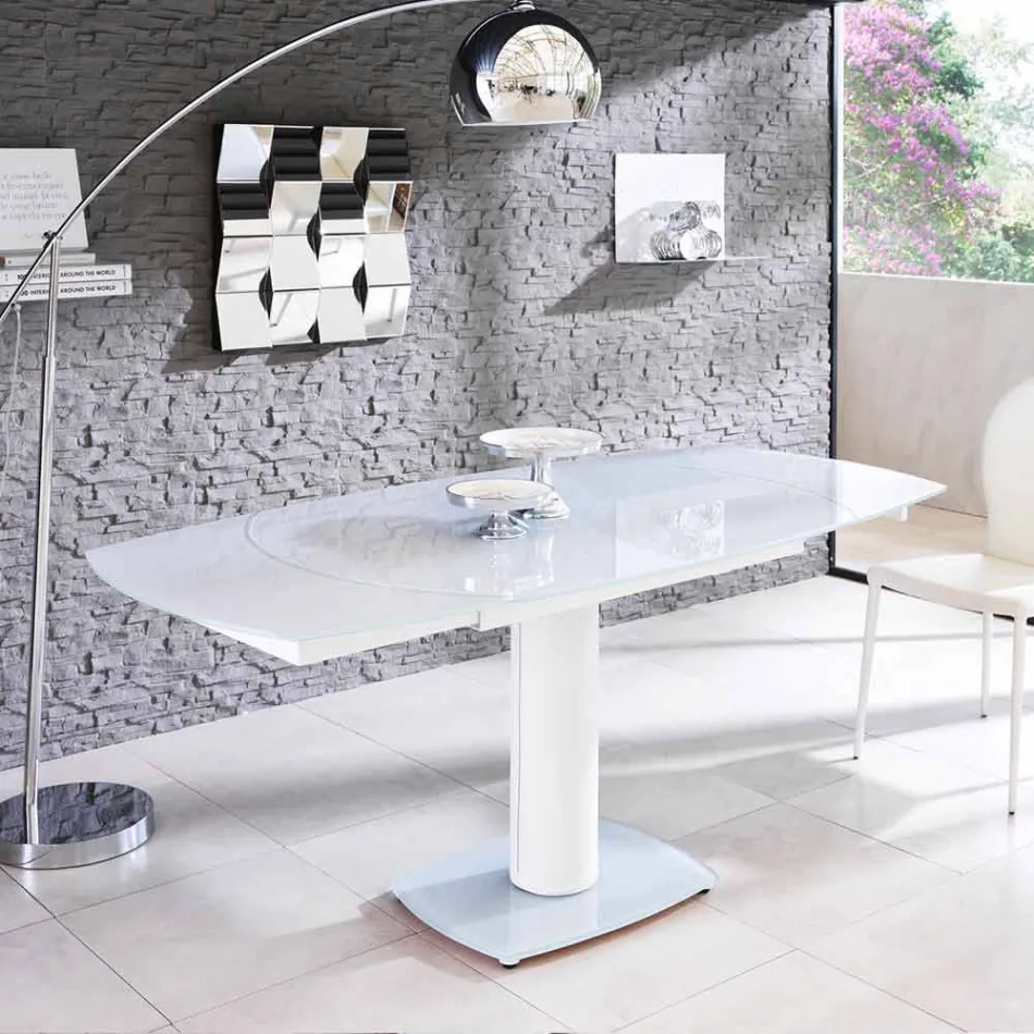 Mesa de comedor extensible de vidrio y símil piel, L120 / 180xP90cm, Lelia viadurini