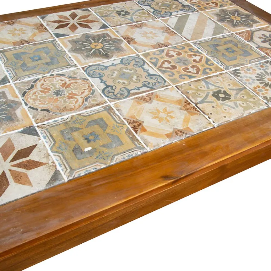 Mesa rectangular de madera de acacia y tapa de cerámica - Técnica viadurini