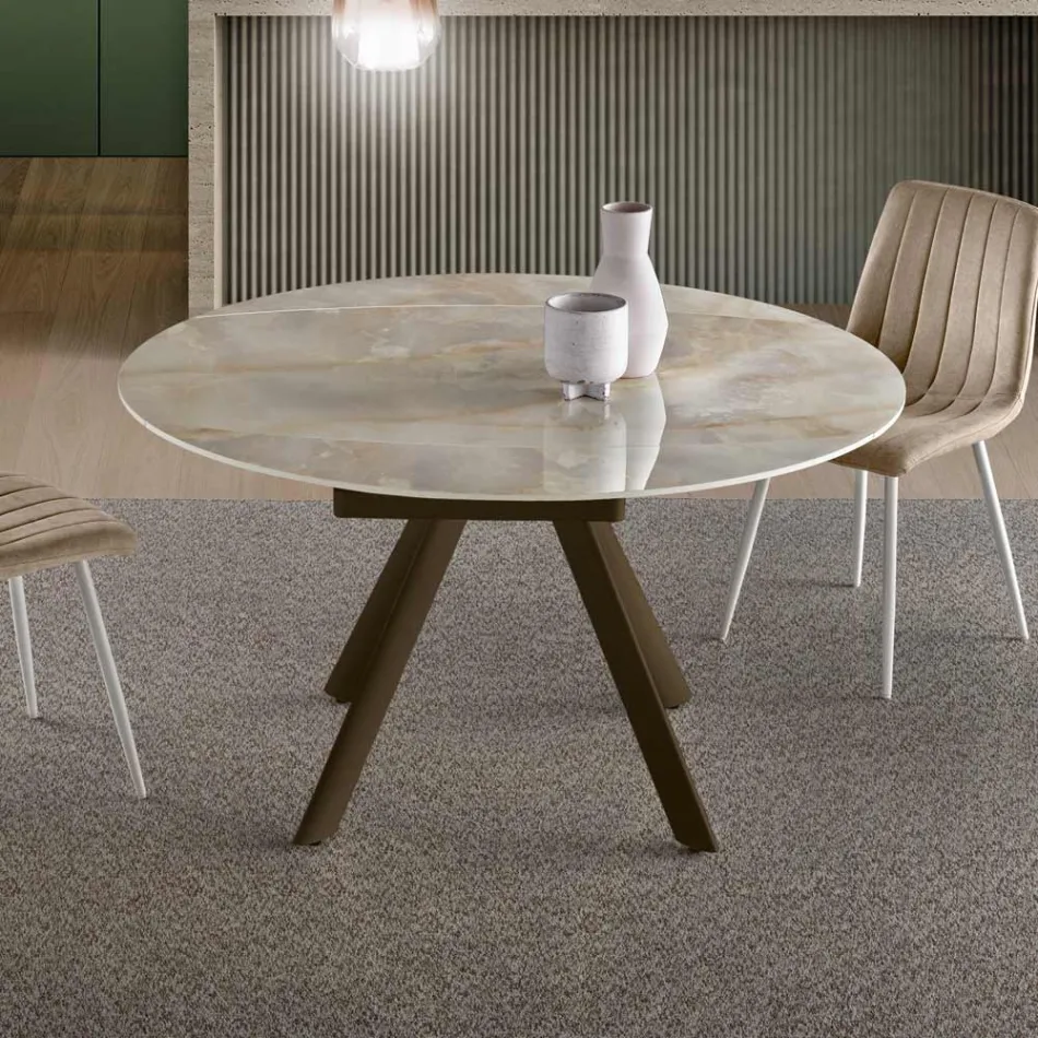 Mesa redonda extensible de piedra sinterizada con efecto mármol - Portico viadurini