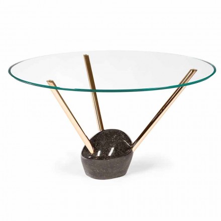 mesa redonda moderna con tapa de cristal y base de mármol Adele viadurini