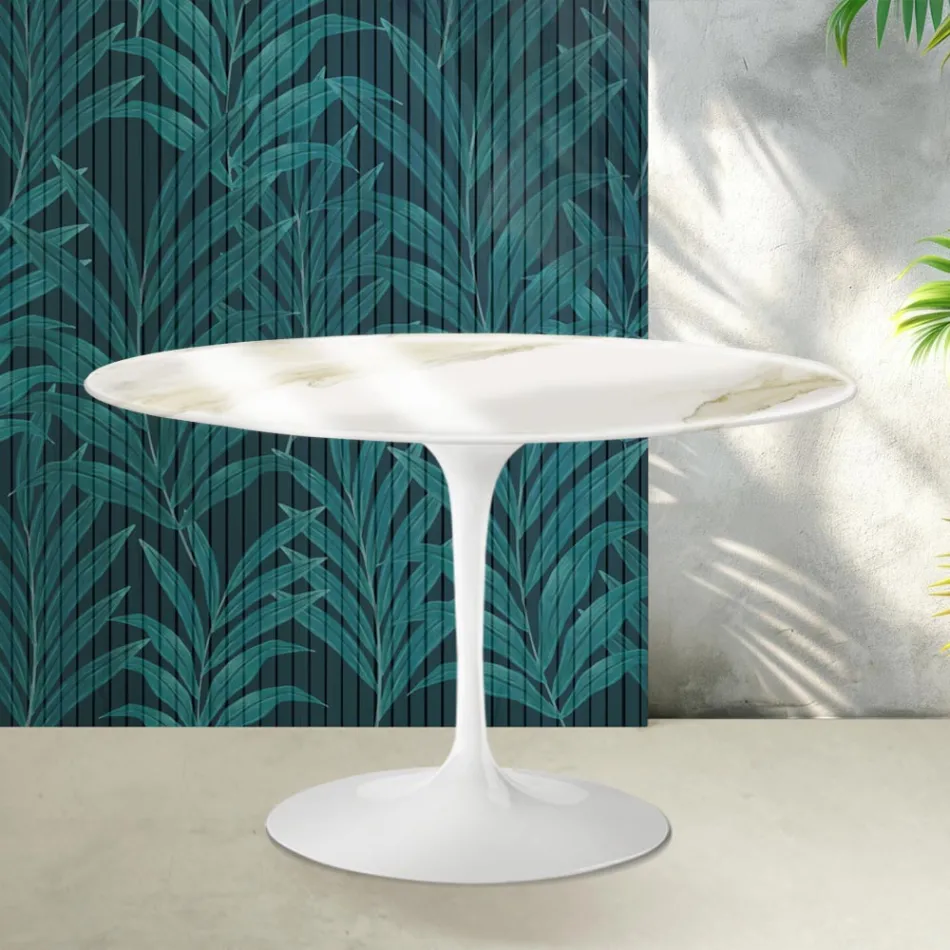 Mesa redonda Tulip de Saarinen, 74 cm de altura, en cerámica Florim Calacatta Gold Gloss - Scarlet viadurini
